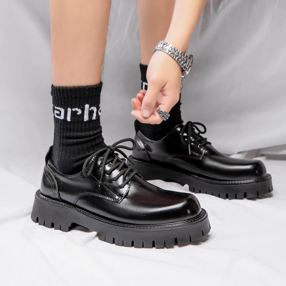 Кожаные туфли для мужчин Летний досуг Британский стиль увеличивает обувь Дерби Продвинутый смысл Толстая подошва свадебные черные ботинки Martin 2117