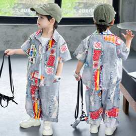 男童夏季仿牛仔衬衫防蚊裤套装韩版儿童潮款短袖两件套中小童衣服