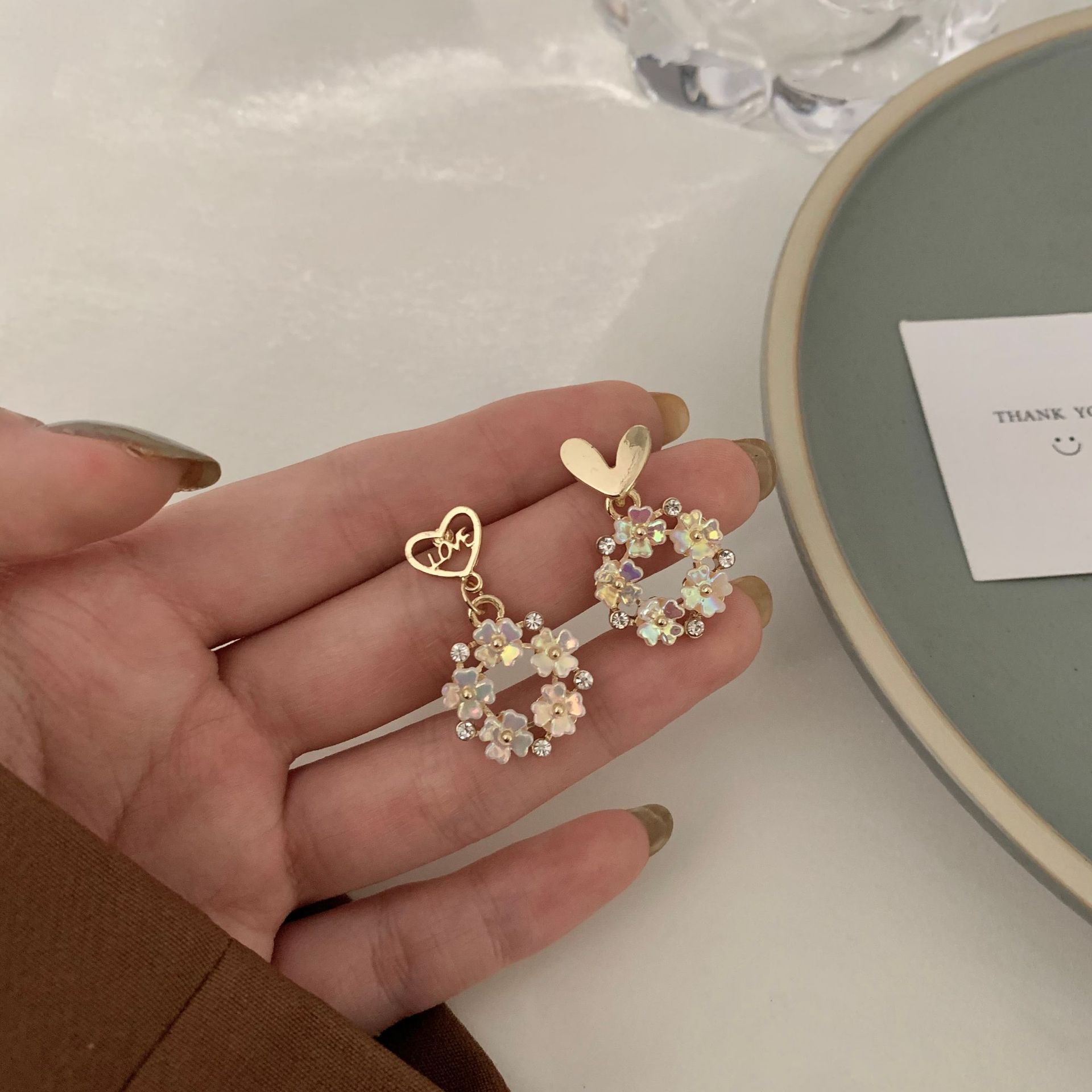 S925銀針韓國不對稱愛心耳環少女氣質花朵圓圈耳釘新款甜美耳飾品