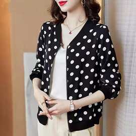 夏季新款长袖大码夹克衫黑色波点雪纺防晒衣外套女