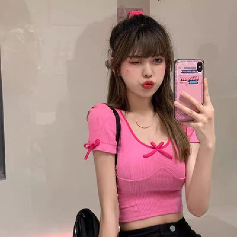 Bow Tie Collar Slim Fit Short-Sleeved Shirt for Women Spring and Summer 2026 New Style Waist Slimming Cropped Cute Top