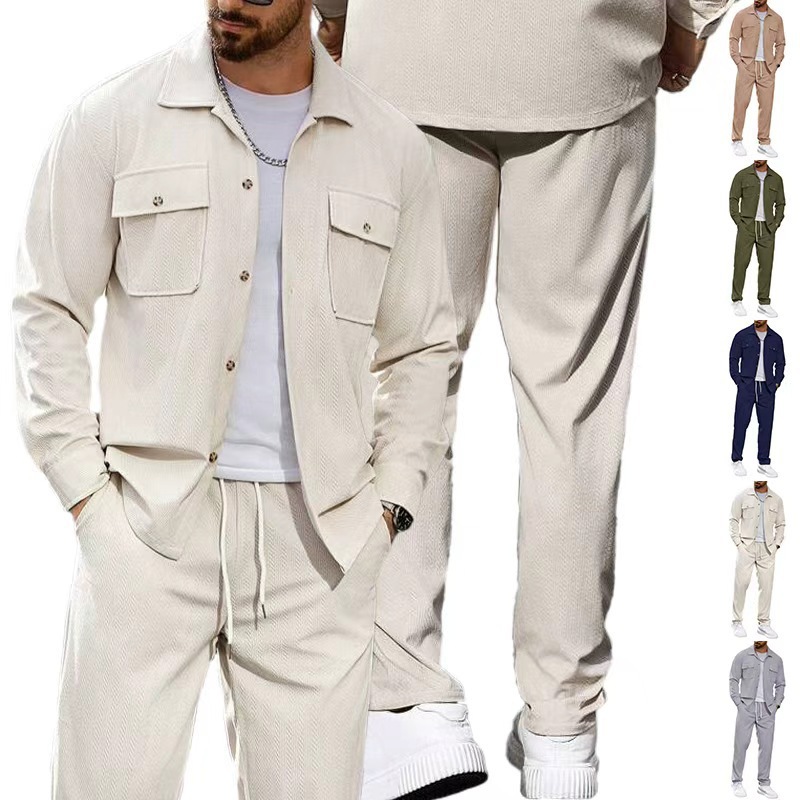 Transfronterizos Europa y América Amazon hombre deporte casual dos piezas simple botón chaqueta con la solapa de bolsillo conjunto de pantalones