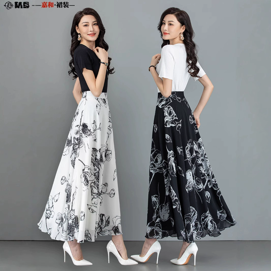 2025 новый летний стиль ретро шифоновая юбка с принтом, длинная юбка-трапеция с высокой талией, юбка феи с большим подолом