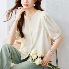 棉茧 杏色圆领衬衫女短袖2025夏季宽松休闲泡泡袖上衣纯棉衬衣