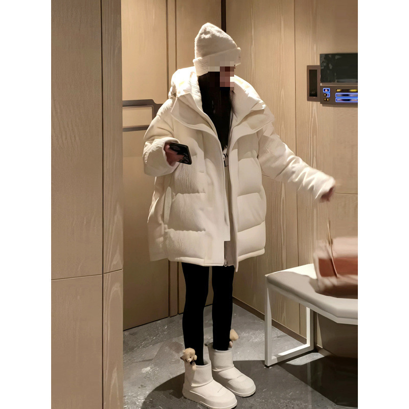 设计师款羽绒棉服女冬立体提花中长款连帽白色显白棉袄外套腈纶厚