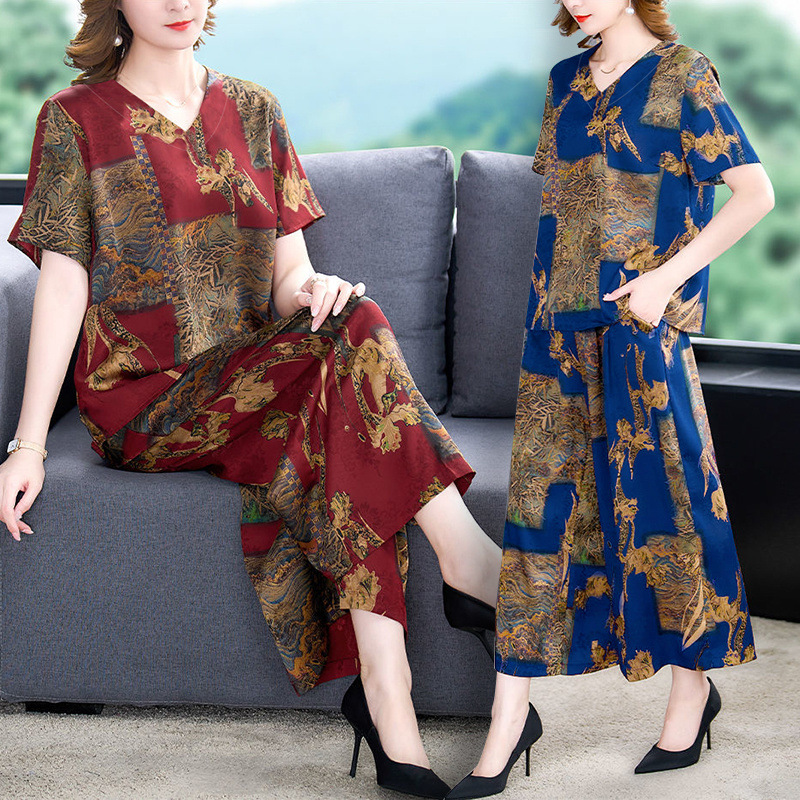 时尚阔腿裤妈妈套装女夏季新款冰丝宽松大码短袖中老年休闲两件套