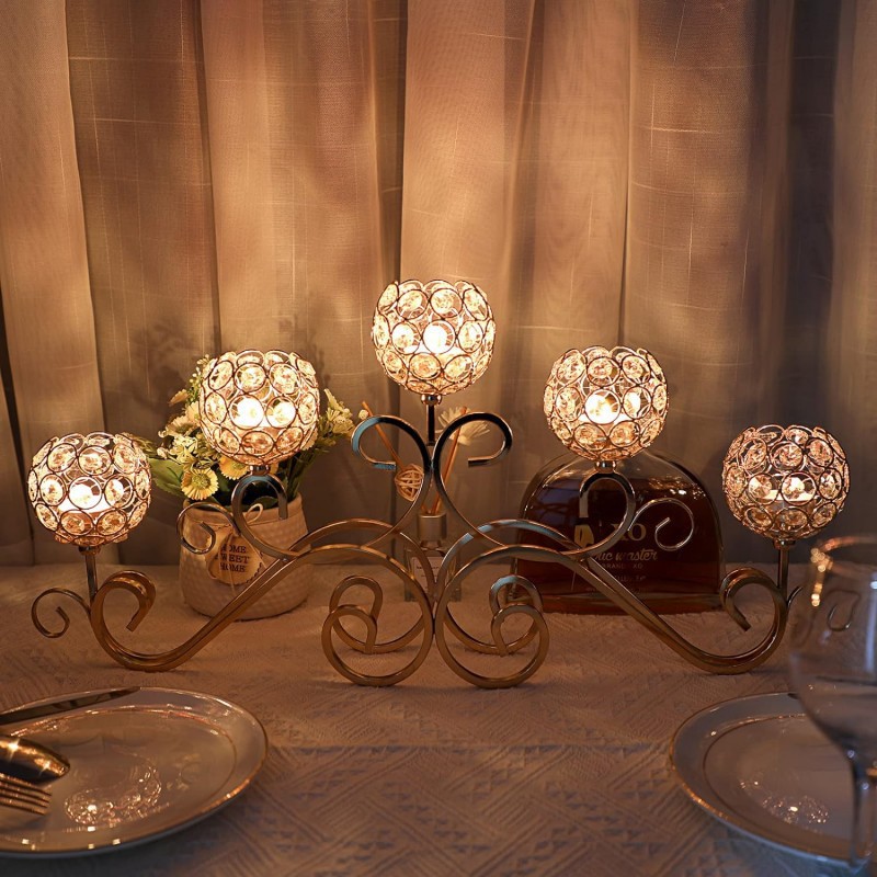 Candelaria de cristal transfronteriza de cinco cabezas creativa europea de hierro forjado romántica cena de velas decorativa de candelabros