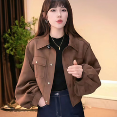 美式复古麂皮绒翻领短外套女2025春秋新款小个子时尚休闲夹克上衣
