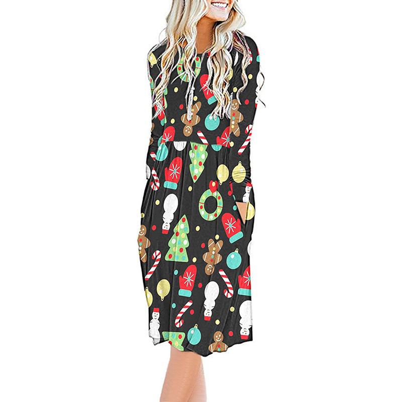 autumn and winter women s printed long-sleeved round neck waist dress nihaostyles clothing wholesale NSZH71388