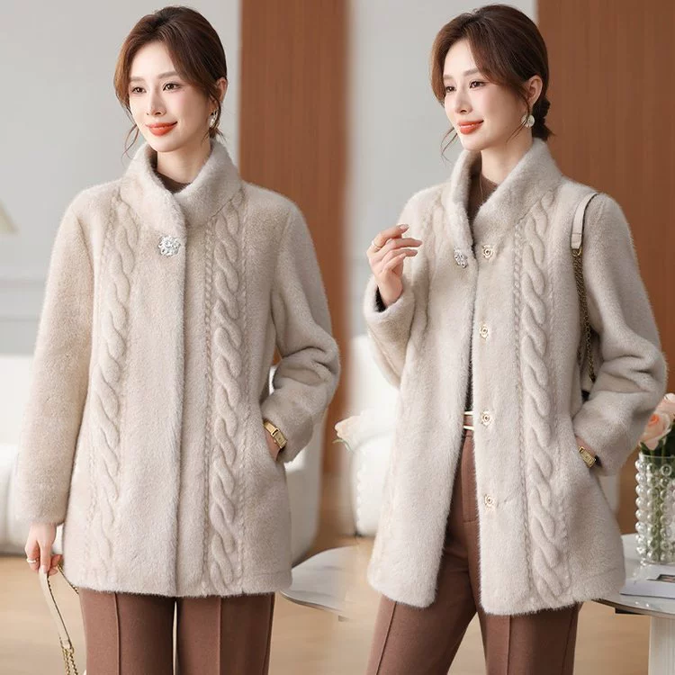 Мама зимний воротник с вертикальным воротником среднедлинная норковая шерстяная куртка 2024 новая средняя и пожилая женщина благородная шуба