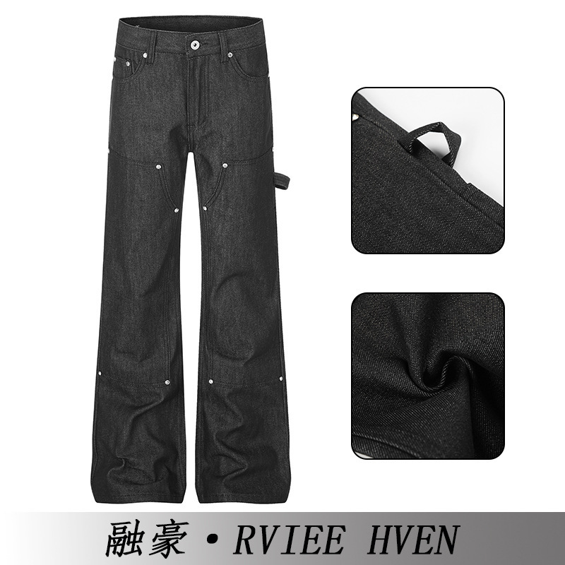 American High Street Retro Double-Knee Lumberjack A-Line Flared Raw Denim Straight-Leg Jeans Loose Wide-Leg Studded Casual Pants
