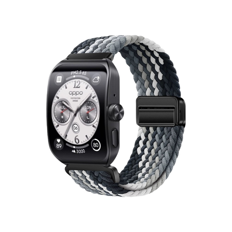 Correa de reloj deportiva trenzada de nailon con hebilla magnética de cuatro puntos y anilla metálica, compatible con las series Huawei, Samsung y Garmin.