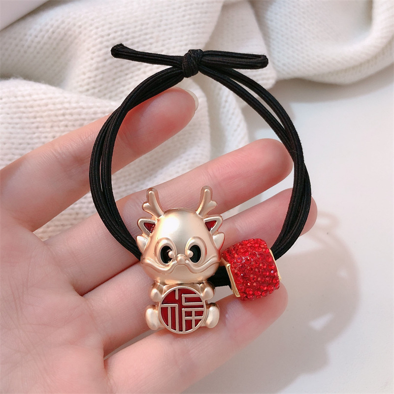 Año del Dragón Zodiaco de alta sensación metal rojo Año Nuevo anillo de cabello de alta altura cuerda elástica cuerda de cabello festiva adornos para el cabello
