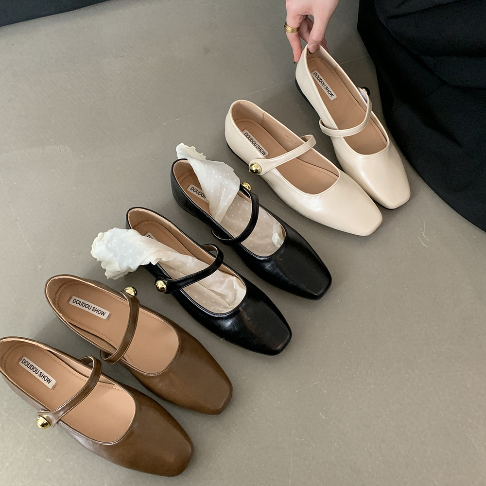 DOUDOU SHOW Soft Bottom Mary Jane Shoes Women's French Non-slip Leather Shoes Flat Bottom with Skirt Shallow Mouth