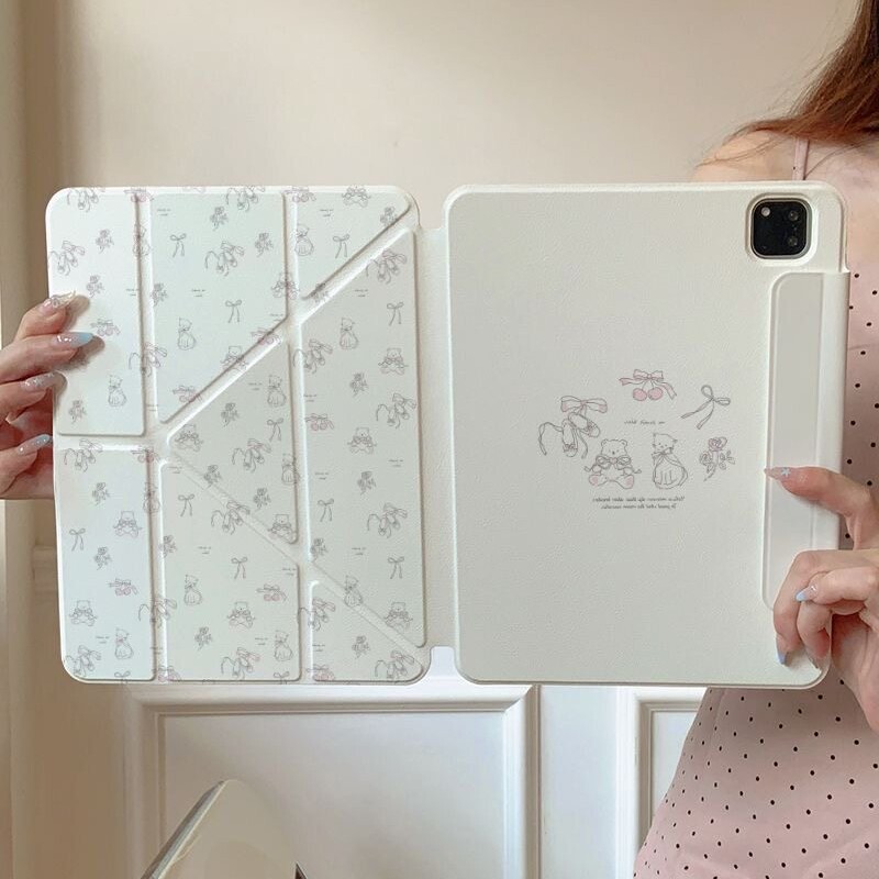 Ins Bear and Cat Design Suitable for Apple iPad Protective Case Pro Magnetic Detachable Air8 Tablet Case Mini with Pen Slot