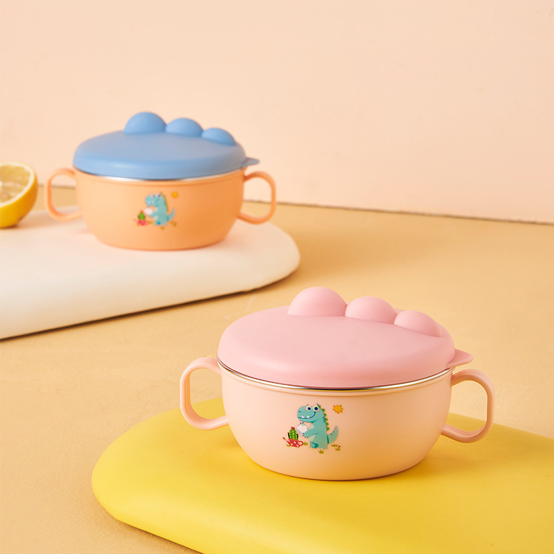 Nuevo tazón de arroz de dinosaurio pequeño tazón de comida para bebés tazón 316 tazón de acero inoxidable para niños tazón de aislamiento con vajilla de cuchara