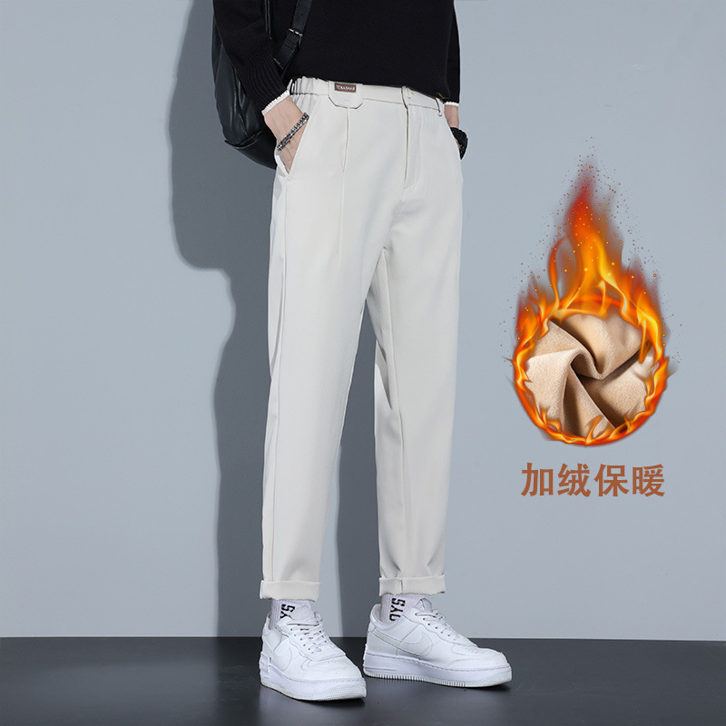 fleece-lined Autumn and Winter Casual Trousers Men's Pendant High Waist Straight Trousers Korean Style Slim-fit Non-ironing Men's Suit Pants