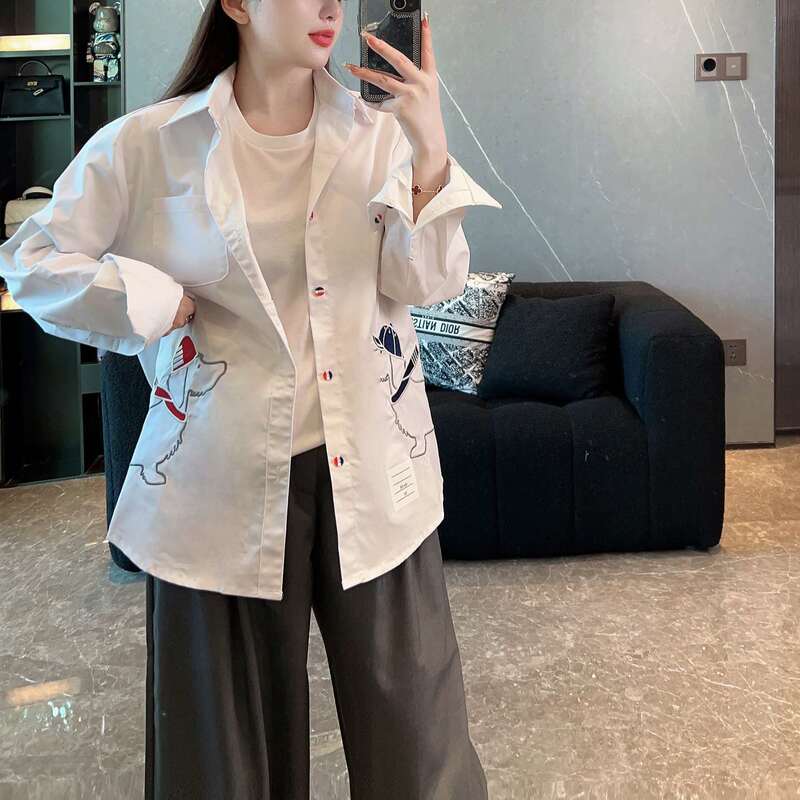 TB Double Side Puppy Embroidered Long Sleeve Red White Blue Ribbon Shirt Jacket Women's Loose Design Sense Casual Shirt Spring and Autumn