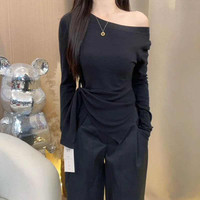 大码胖mm韩系条纹不规则开叉斜肩长袖T恤女装早秋收腰设计感上衣|undefined