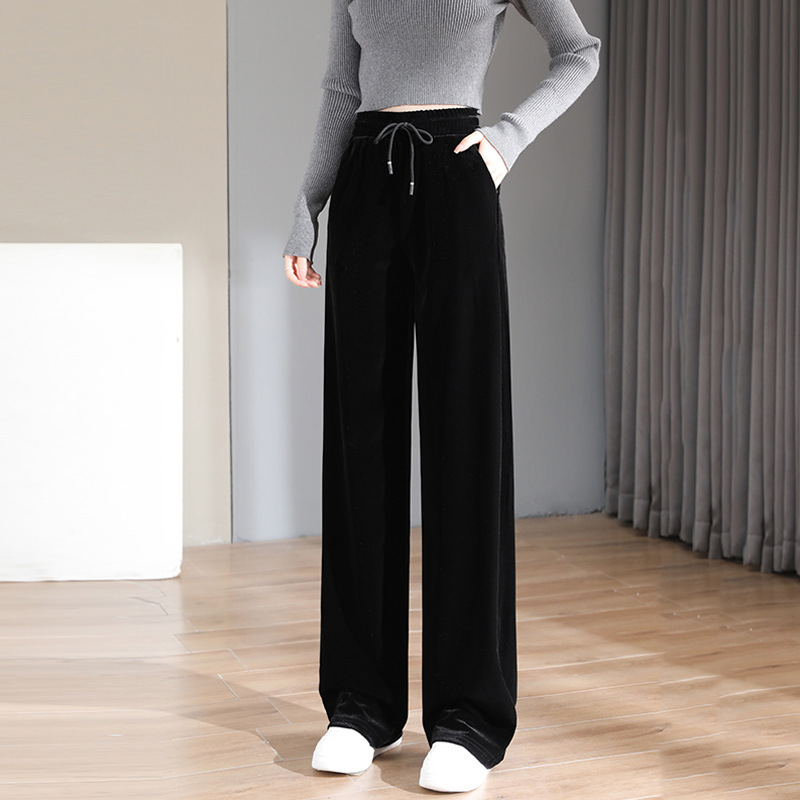 Factory wholesale black narrow edition gold velvet wide leg pants women's new spring and autumn slim drape straight tube pants winter