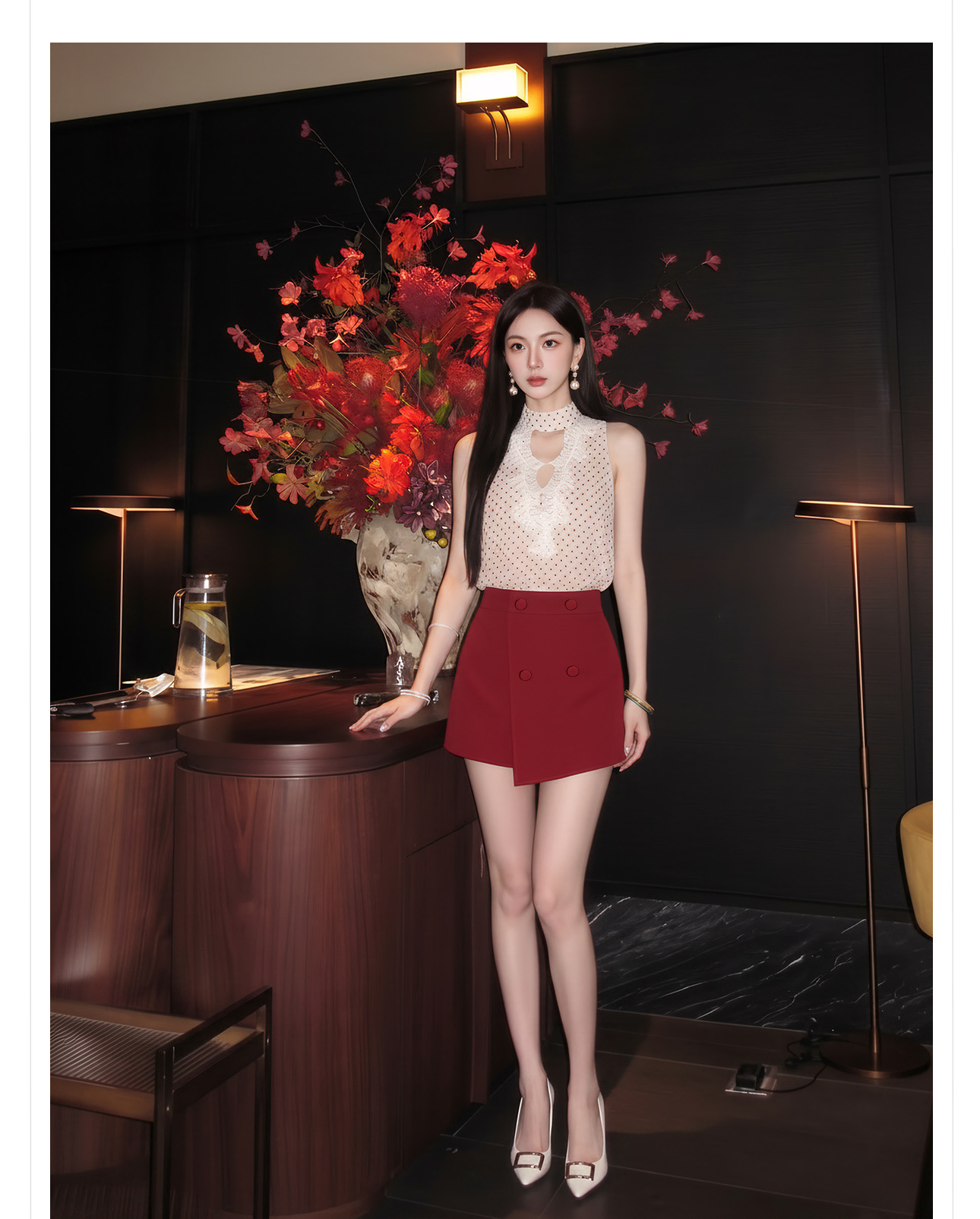 Bộ áo vest và chân váy ngắn họa tiết chấm bi phong cách tân cổ điển mùa hè — Trang phục [Vest+Half Dress], nửa váy, Trang phục [Áo vest+quần short], quần đùi chi tiết 8