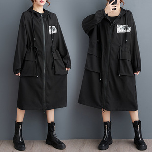 Real Shot 2025 Spring and Autumn New Mid-length Coat Loose Slimming Hooded Printed Distinctive Fashion All-match Jacket