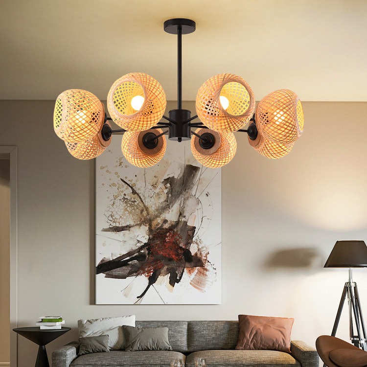 Nuevo estilo chino araña sala de estar lámpara de bambú pantalla de bambú arte araña magia frijol molecular personalidad creativa dormitorio comedor lámparas