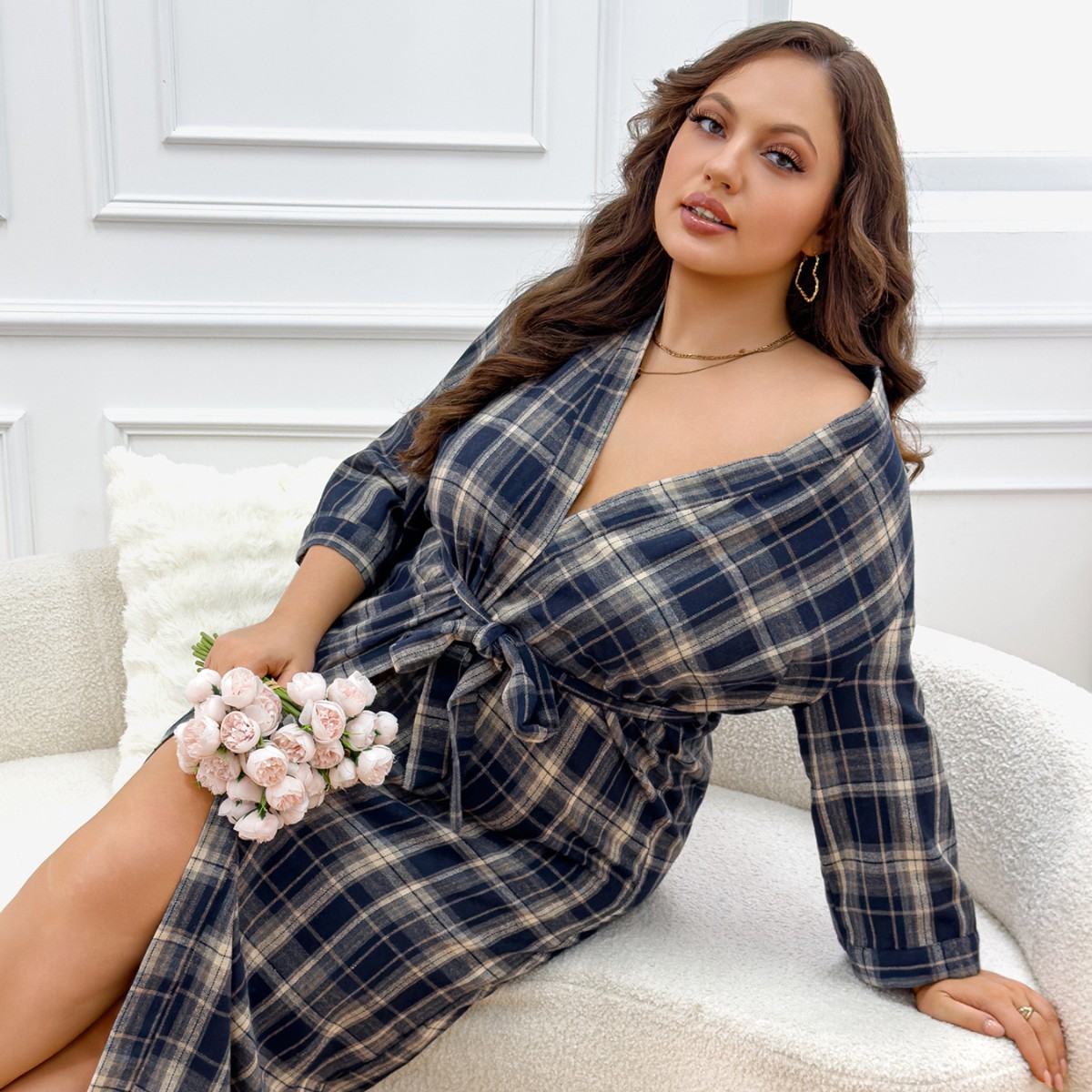 Cross-Border Plus Size Women's Pajamas, Home Pajamas, Plaid Printed Rayon, Casual and Comfortable
