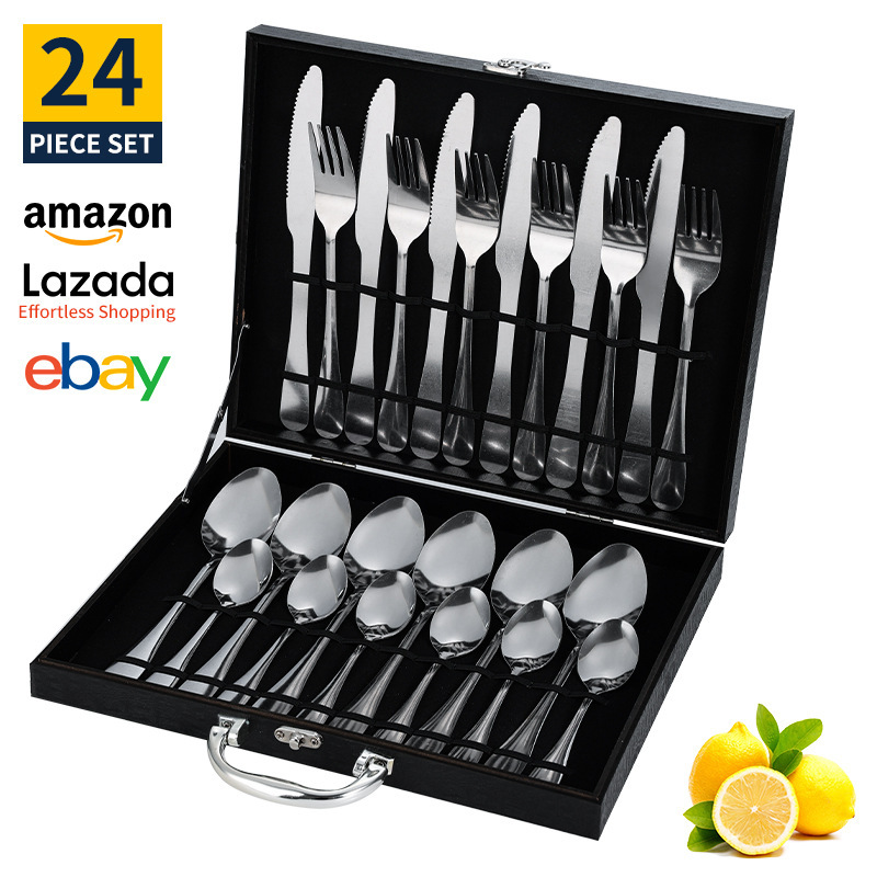 Conjunto de cubiertos de acero inoxidable transfronterizo de 24 piezas cuchillo de filete cuchara de cubiertos occidentales caja de regalo estado de ánimo cuchillo de huevo exportación
