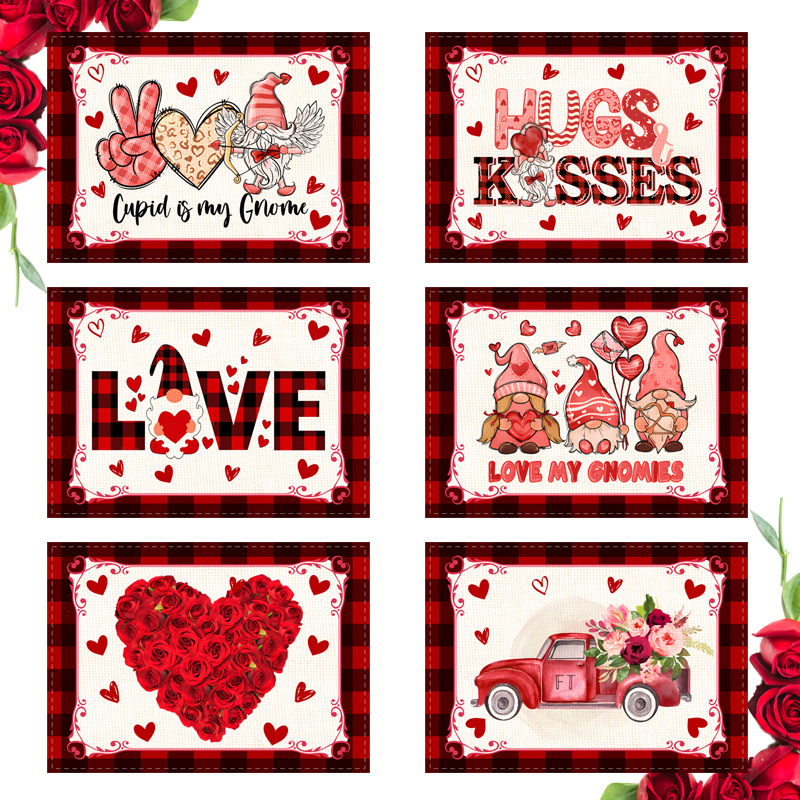 Christmas New Valentine's Day linen printed placemat festival love western restaurant heat insulation and anti fouling table mat_voghion.com