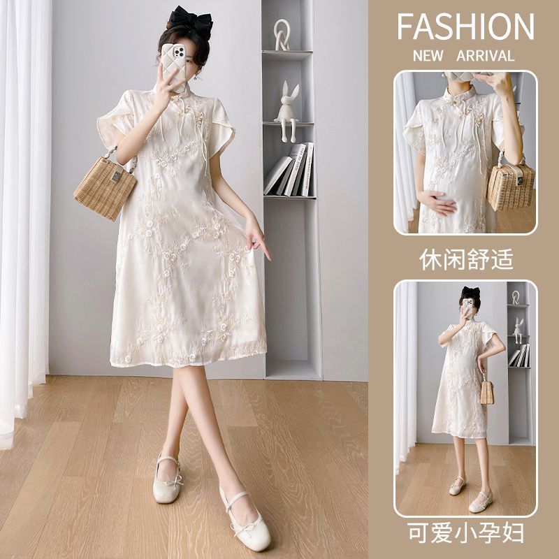 Real shot pregnant women long dress short sleeve collar embroidery improved version cheongsam dress 2023 new all-match temperament