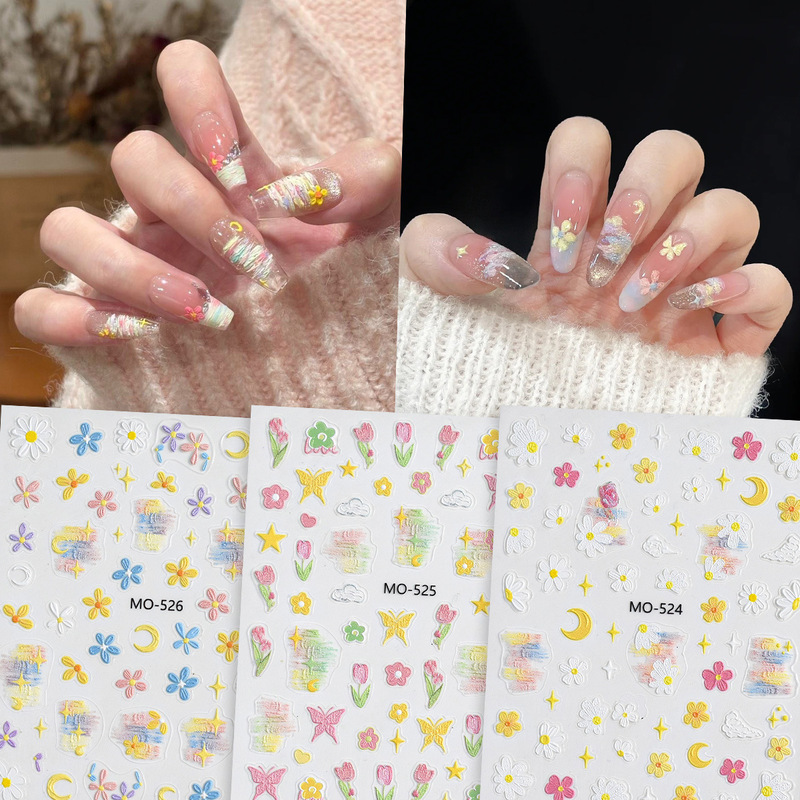 New Oil Painting Small Flower Butterfly Color Nail Art Relief Sticker Small Daisy Five-petal Flower Hen Sticker Internet Red Sticker