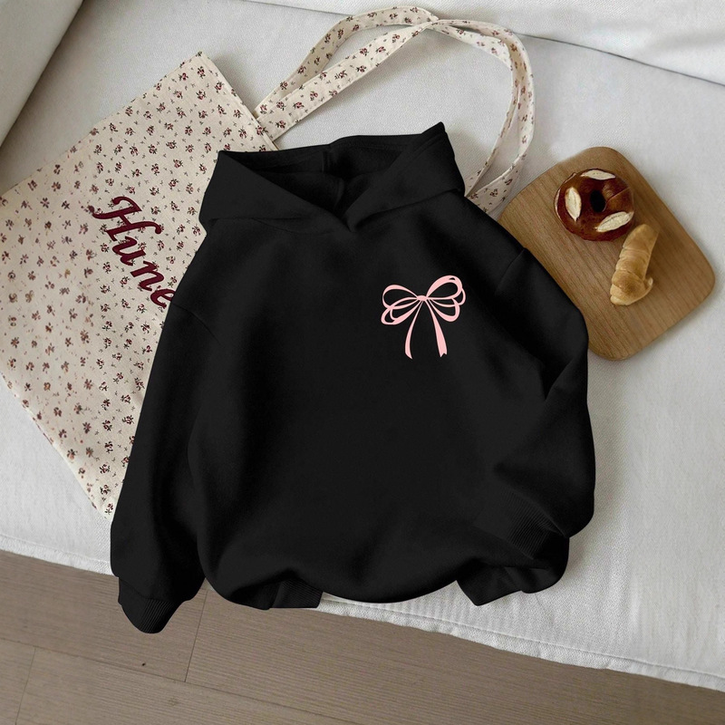 European and American Cross-Border Women's Pink Bow Print Loose Casual Design Autumn and Winter Pocket Hoodie Top