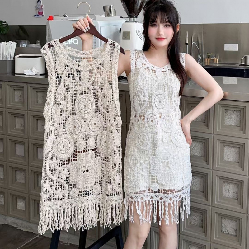 Bohemian Style French Crochet Hollow Lace Knit Vest Women's Long Outerwear Sleeveless Dress