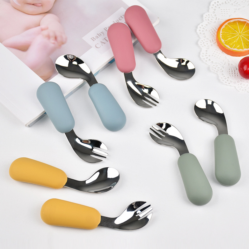 Mother and Baby Children's Tableware 316 Stainless Steel Fork and Spoon Short Handle Baby Fork Eating Spoon Infant Complementary Food Spoon with Bent Tip