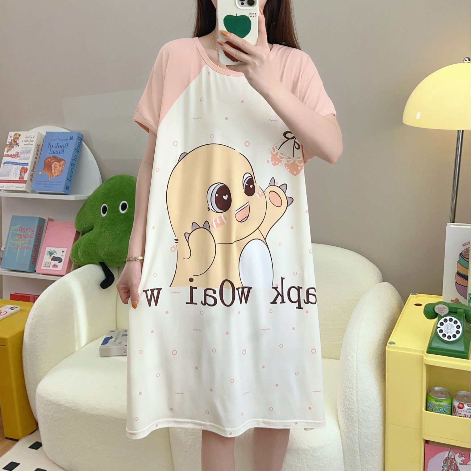 睡衣女夏短袖薄款奶龙卡通小清新可爱宽松睡裙慵懒学生家居服外