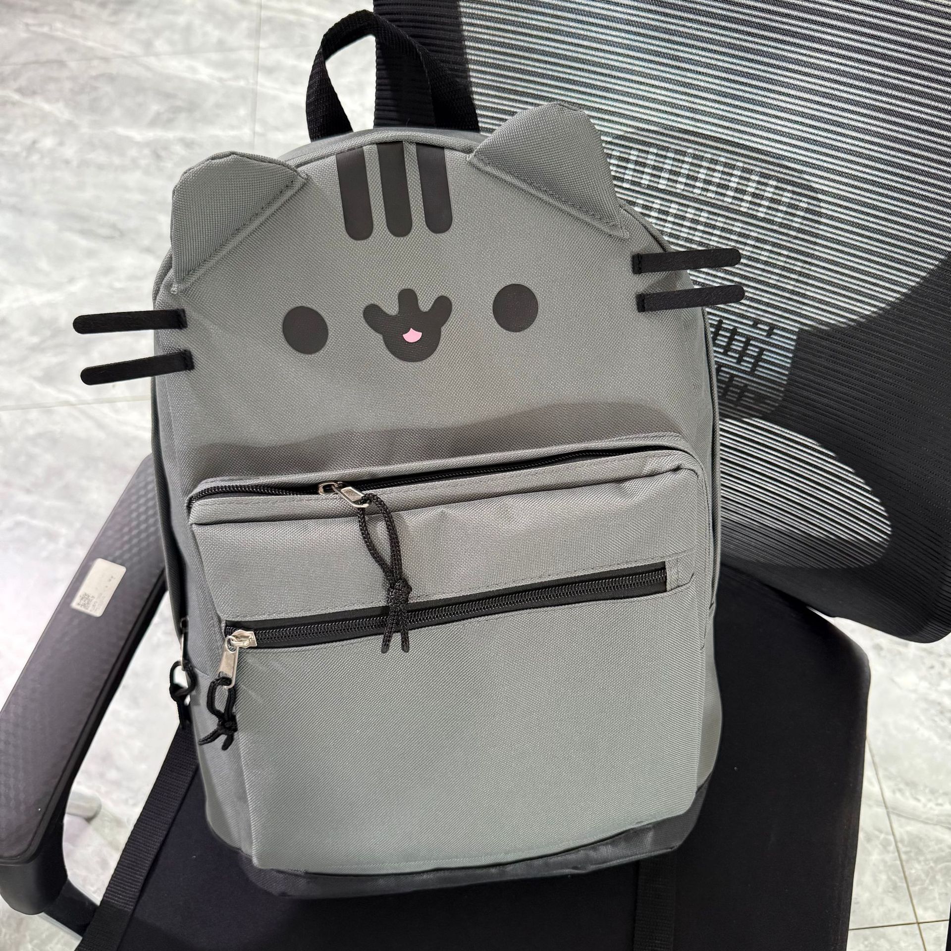 Cartoon Canvas Backpack with Chubby Cat Design, Versatile Cute Brown Soft Girl New Style, Light Gray, Large Capacity for Students