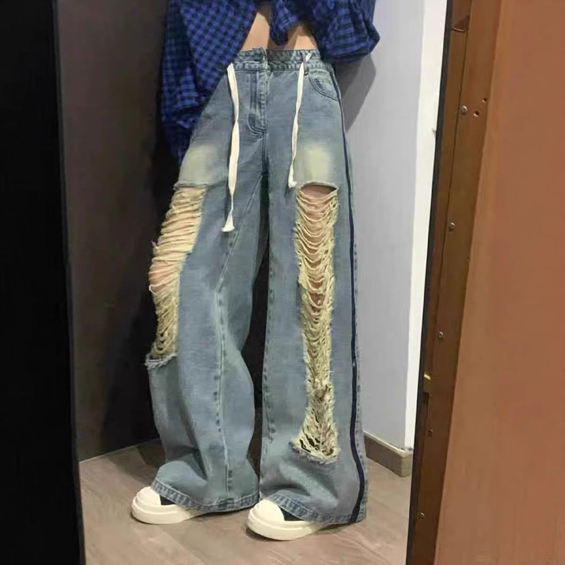 American High Street Style Ripped Jeans for Women, Autumn 2026 New Design, Drawstring High-Waisted Straight-Leg Floor-Length Pants