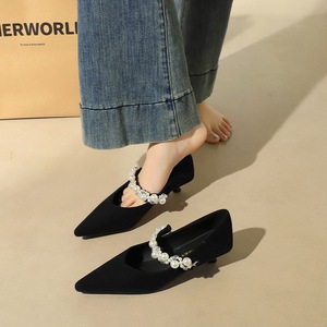2355-K217 French style pointed Mary Jane shoes for women, slim heels, rhinestone pearls, straight string velvet, tempera