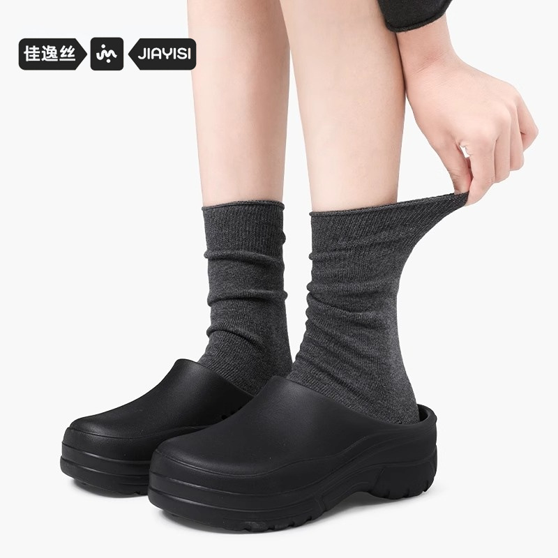 Solid Color Mid-Calf Socks with Small Leather Shoes, Dark Gray Slouch Socks for Women, Spring and Autumn Long Loafers Socks, Summer Pure Cotton