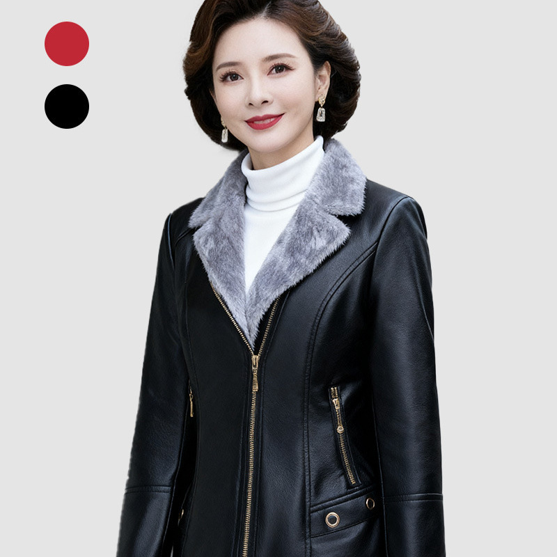 In-Stock Pu Leather Jacket, Large Size, Fleece-Lined and Thickened, Custom-Made for Middle-Aged and Elderly Mothers, Mid-Length, Fashionable and Elegant