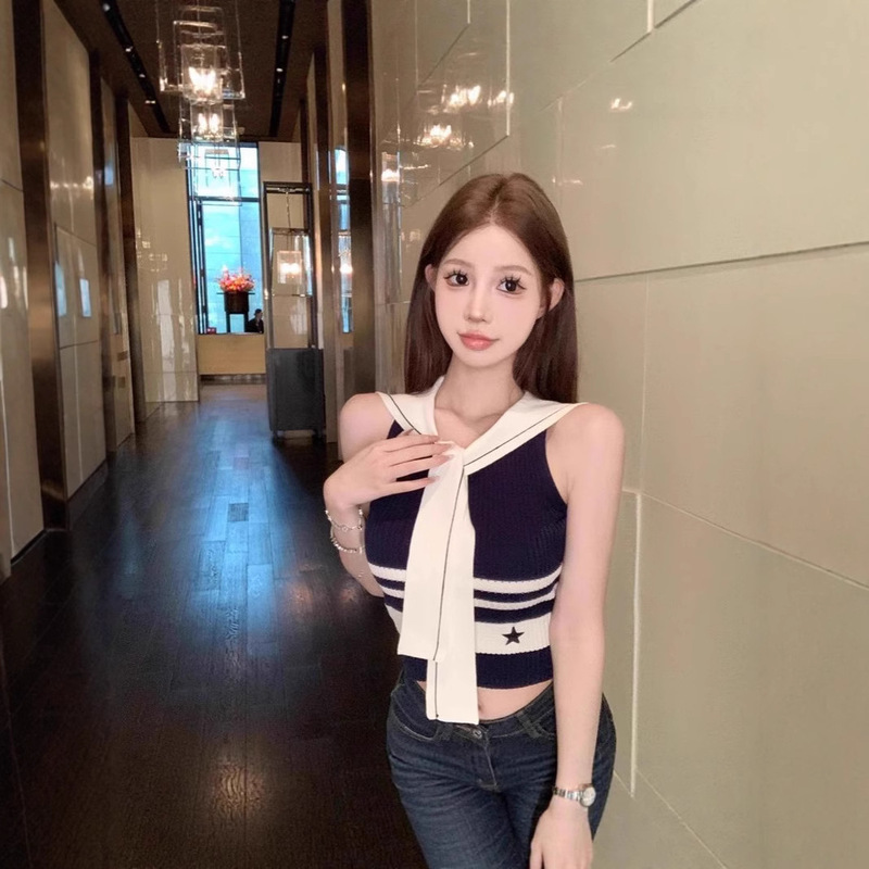 2025 New Summer Style French Style Stripesd Navy Collar Ribbon Slim High Waist Vest Knitted Sleeveless Shirt for Women 2025 New Summer Style French Style Stripesd Navy Collar Ribbon Slim High Waist Vest Knitted Sleeveless Shirt for Women