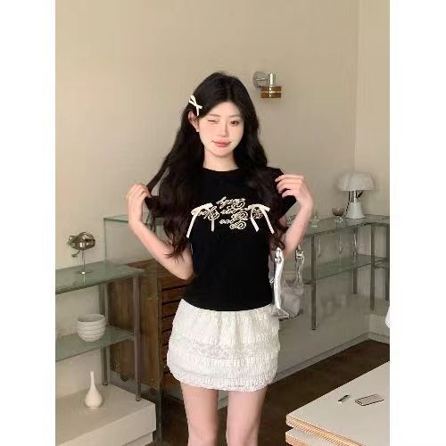 [40 Count 92 Cotton 8 Spandex] Niche Letter Embroidered Bow Short-Sleeved T-Shirt Summer Sweet and Spicy Right Shoulder Short Style