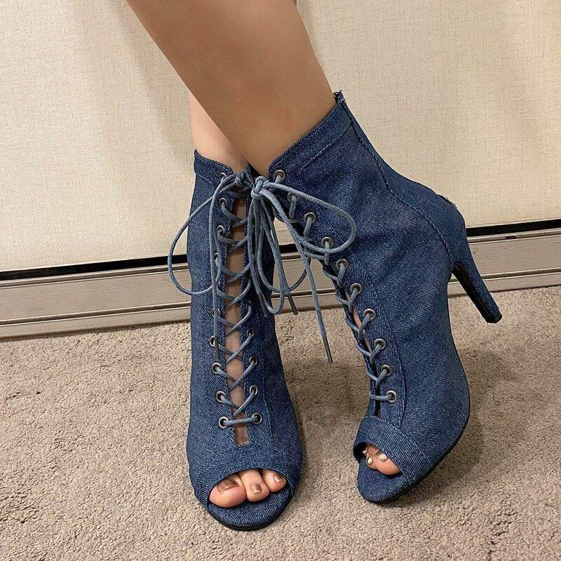 2025 Spring New European and American Stiletto High-Heeled Fish Mouth Sandals Women's Summer Large Size Lace-Up Short Boots Denim Sandals Trendy
