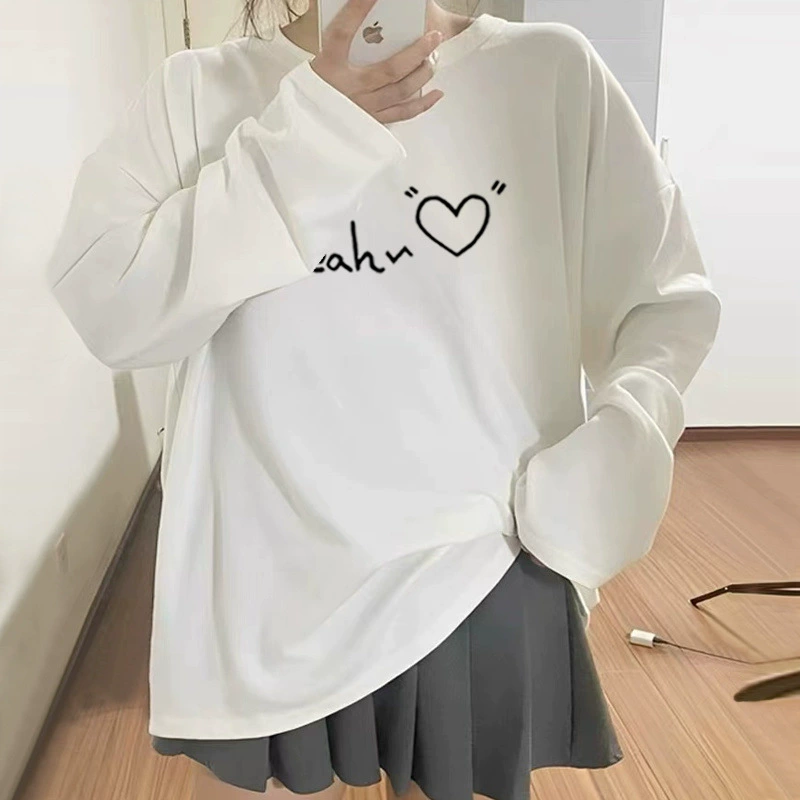 Осенне-зимняя белая рубашка с длинными рукавами для женщин, студентов весны и осени, свободная многослойная рубашка с круглым вырезом и принтом в корейском стиле, сладкий и пряный топ