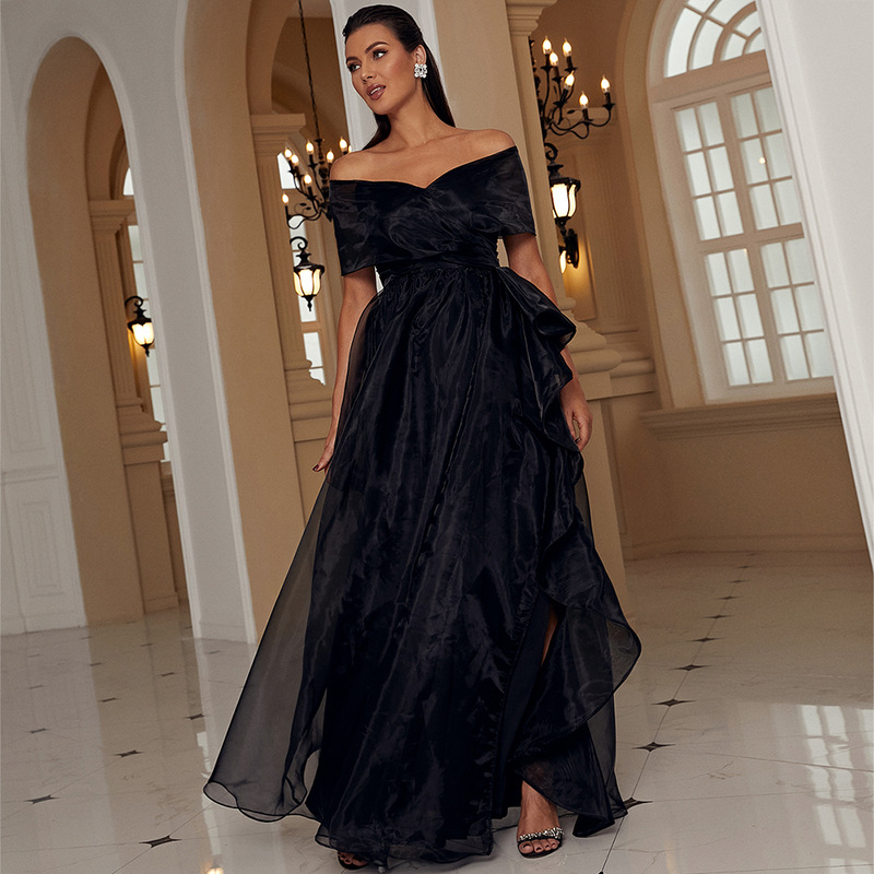 Comercio exterior transfronterizo europeo y americano adulto negro fuera del cuello de corte bajo costura de malla princesa temperamento vestido de noche de alta gama para mujeres