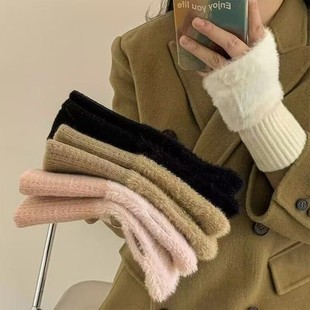 Trendy Knitted Fingerless Gloves for Women Versatile Half-Finger Warm Autumn and Winter Hand Socks Student Solid Color Plush Gloves