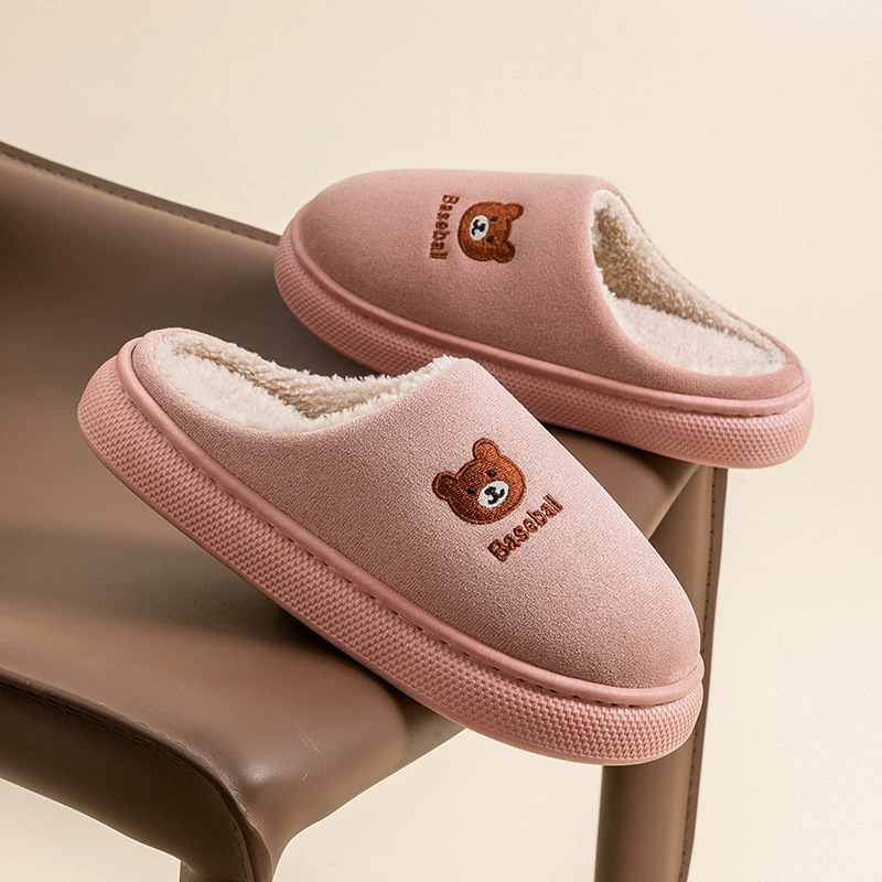 Хлопковые тапочки с мультяшным медведем для женщин на осень и зиму, домашние теплые противоскользящие плюшевые тапочки на флисовой подкладке на толстой подошве для пар