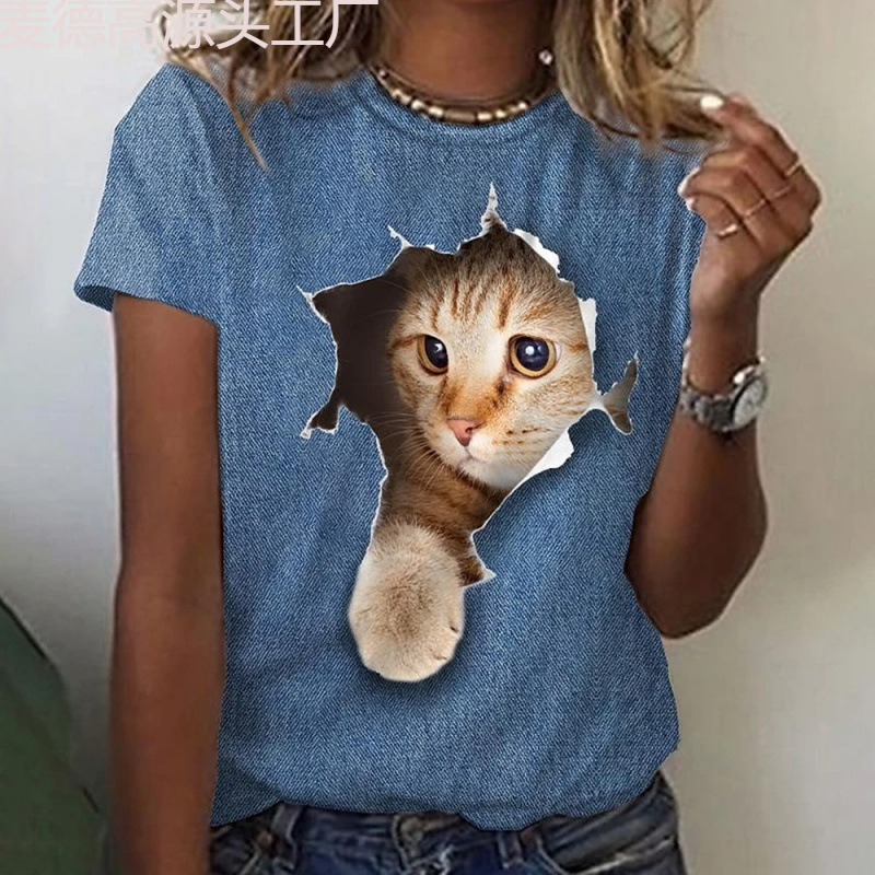 Women's T-Shirt 3D Kawaii Cat Print T-Shirt Top 2024 New Animal Short Sleeve T-Shirt