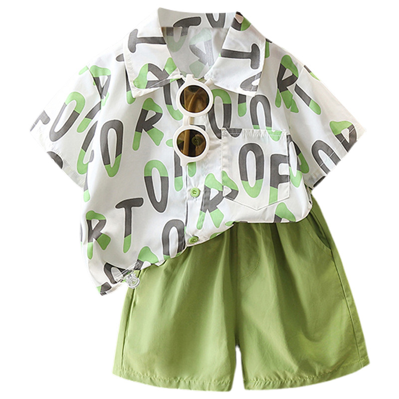 7112 Traje de camisa con letras para niños, camisa de manga corta de moda de verano para niños guapos, traje de dos piezas de verano